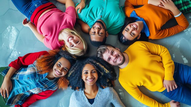 A group of six diverse young friends are lying on the ground in a circle smiling and looking up at the camera