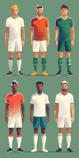 Foto un gruppo di sei giocatori di calcio di sesso maschile che indossano uniformi di diversi colori