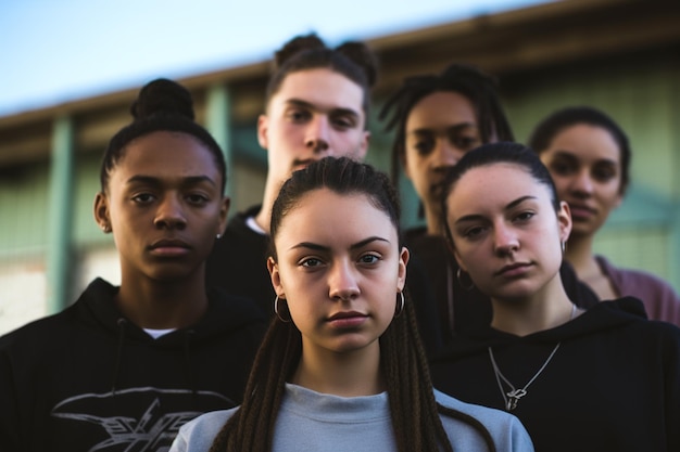 Group of six teenagers three girls and three boys in a serious attitude in high school