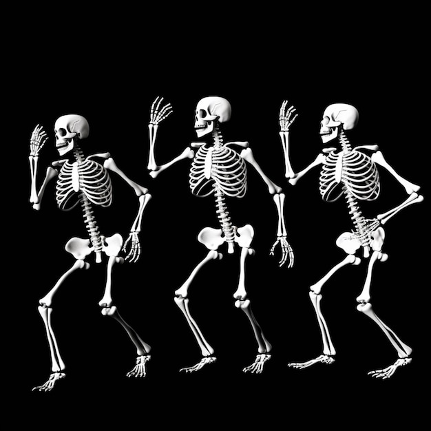 A group of skeleton dancing in a black background