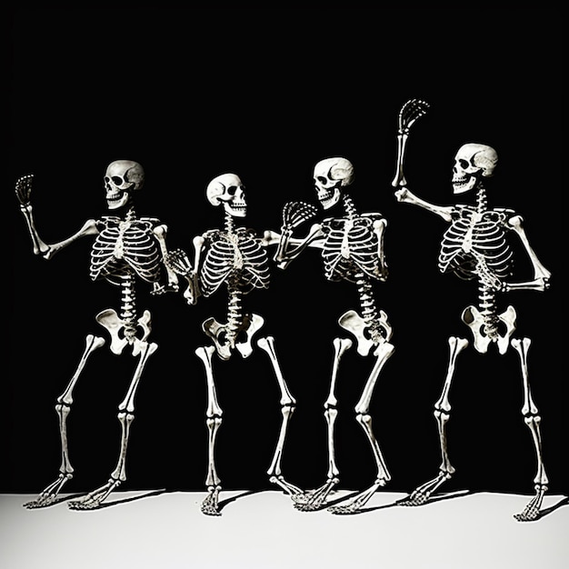 A group of skeleton dancing and one of them is wearing a black background.