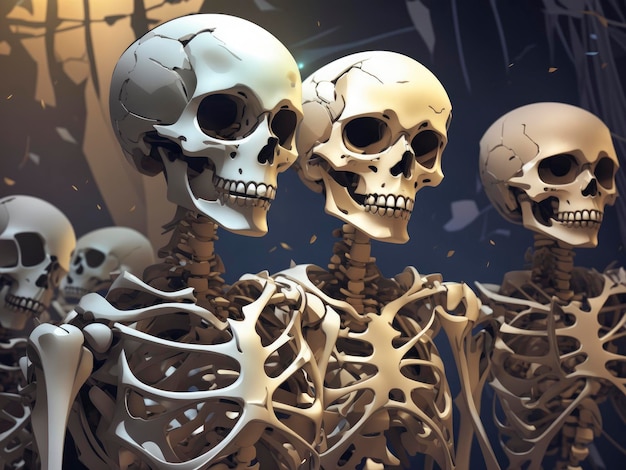 группа статуй-скелетов, стоящих рядом друг с другом на витрине
