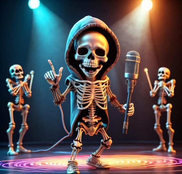 A group of skeletons are on a stage with a microphone in the middle of them.