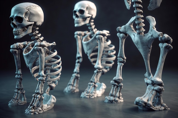 A group of skeletons are standing on a dark surface.