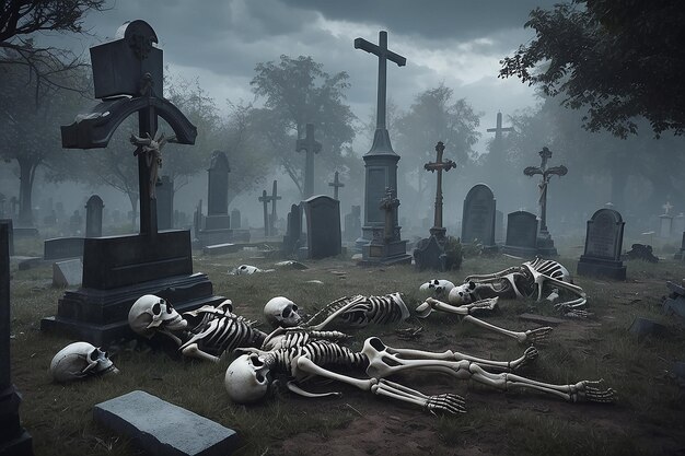 Группа скелетов на кладбище с крестом на земле