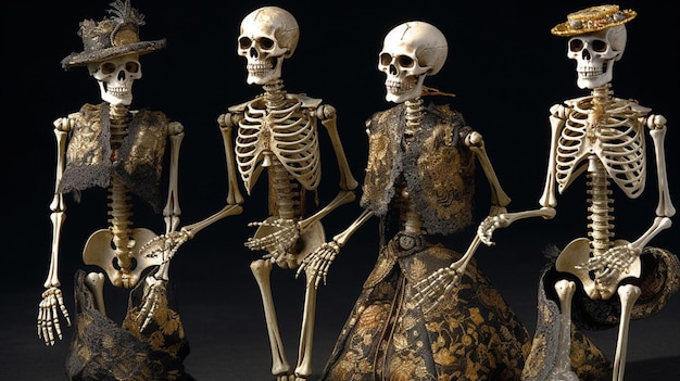 A group of skeletons sit on a black background.