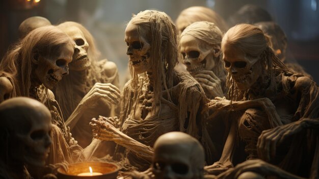 Photo a group of skeletons sitting around a candle