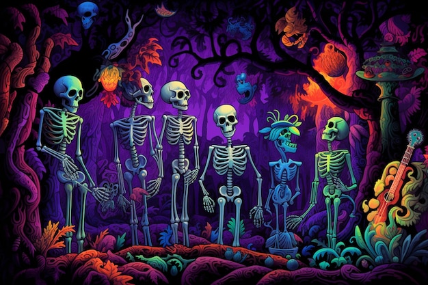 a group of skeletons standing in a forest with a full moon generative ai