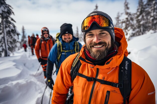 Группа лыжников и друзей веселится в день катания на лыжах в горах