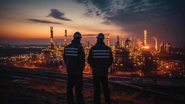 A group of skilled workers using advanced industrial facilities for the production of fuel and gas in a petroleum refinery