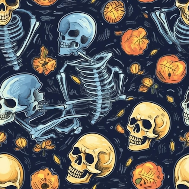 Photo a group of skulls and pumpkins on a dark background generative ai
