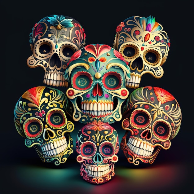 Photo a group of skulls with different colors and designs