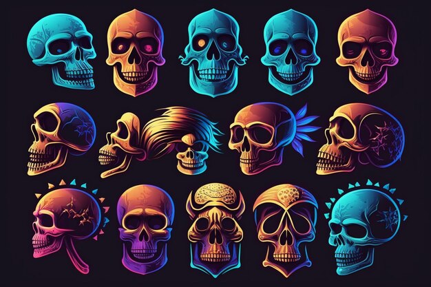 A group of skulls with different colors and sizes generative ai