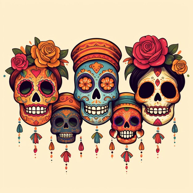 a group of skulls with flowers and leaves on them generativ ai