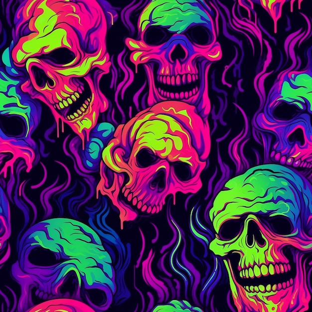 A group of skulls with neon colors on a black background generative ai