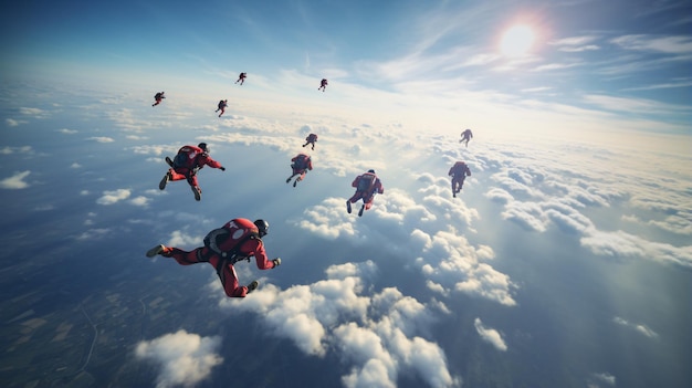 Photo group of skydivers in the air over the land