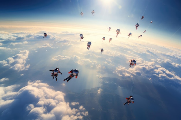 Photo group of skydivers above the clouds