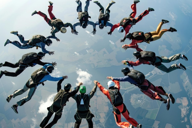 Group of skydivers in freefall forming a circle by holding hands