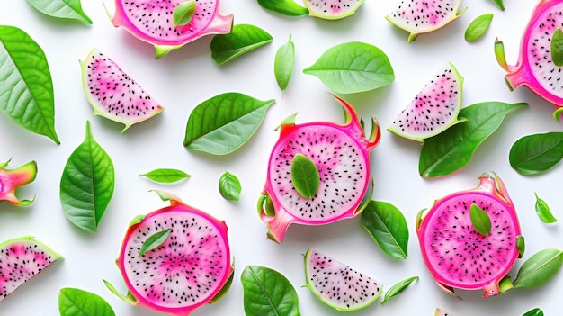 Group of Sliced Dragon Fruits With Leaves