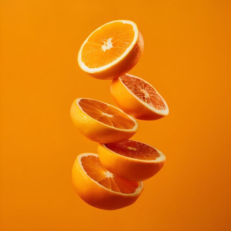 Photo a group of sliced oranges falling into the air