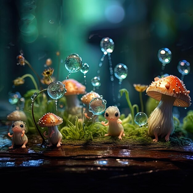a group of small animals one of which has a mushroom and a mushroom