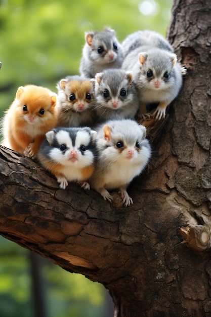 A group of small animals sitting on top of a tree