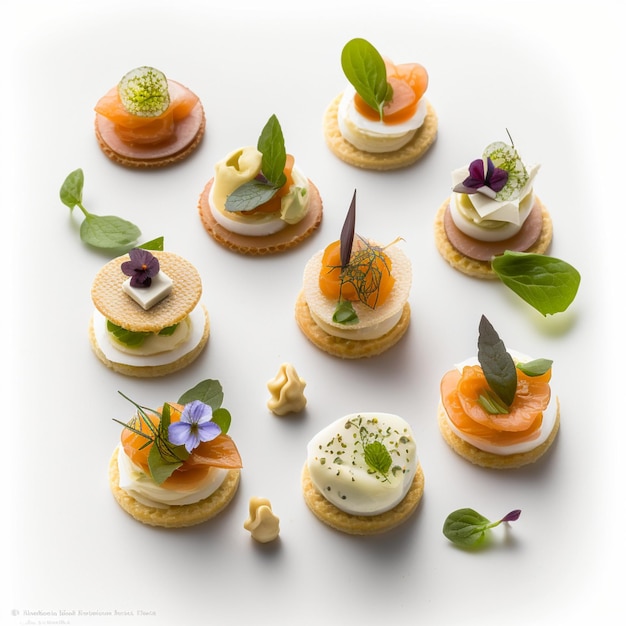 A group of small appetizers including salmon cream cheese and a small piece of cheese