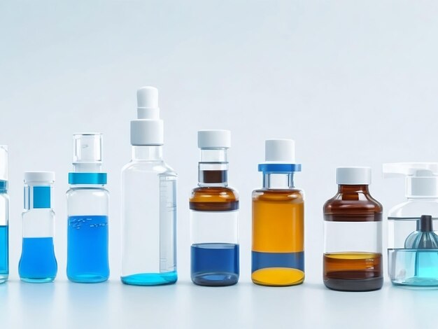 A group of small bottles with different colored liquids