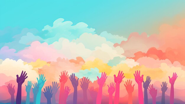 Group of small childrens hands Rainbow color wallpaper background Generate AI