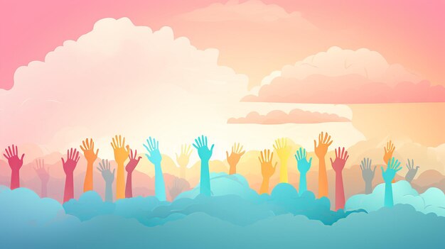 Group of small childrens hands Rainbow color wallpaper background Generate AI
