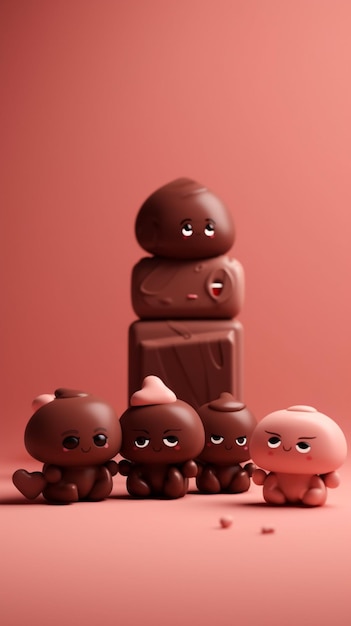 A group of small figurines of a brown and pink character with a small pink face and a small pink doll face.