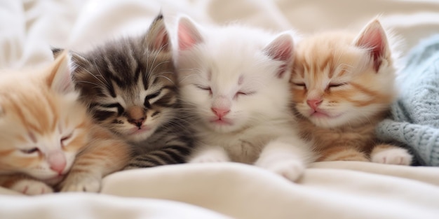 A group of small kittens sleeping on a bed Generative AI image