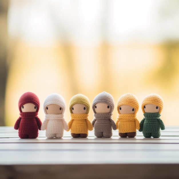 A group of small knitted dolls are lined up on a table ai