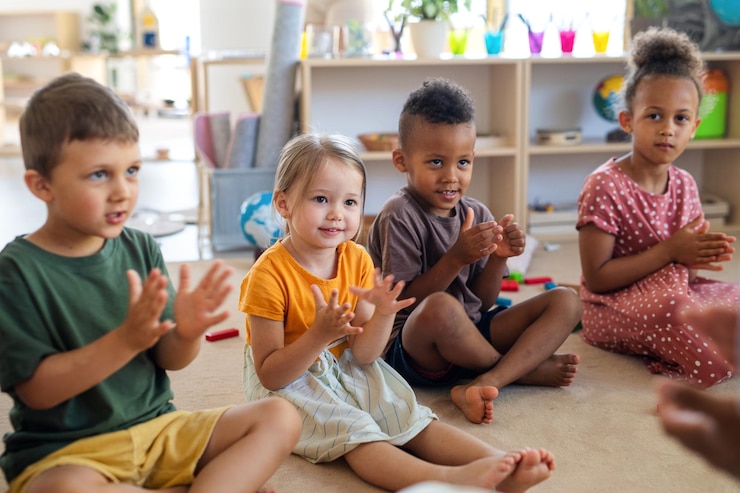 Photo group of small nursery school children sitting on floor indoors in classroom clapping