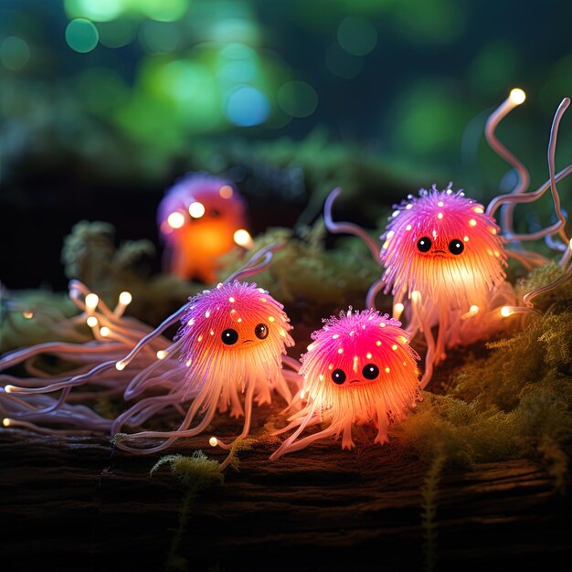 a group of small plastic crabs are on a mossy surface