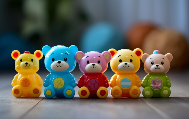 A group of small teddy bears is seated on a wooden floor creating an adorable and charming scene