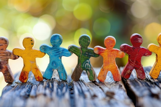 A group of small wooden people standing on a wooden table