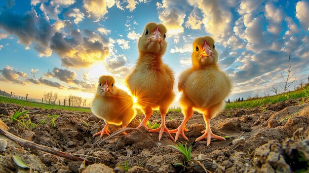 A group of small yellow chickens standing on top of a grasscovered field