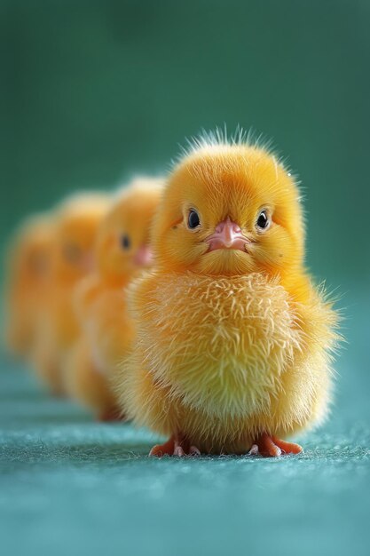 Photo group of small yellow chicks on blue surface