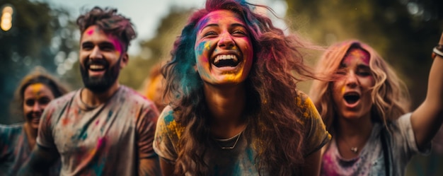 Foto gruppo di amici sorridenti che giocano con i colori del festival di holi in un parco