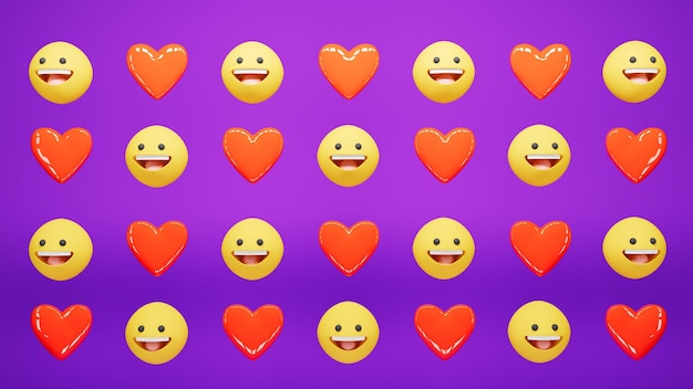 Группа улыбок и сердечных смайликов на фиолетовом фоне 3d иллюстрации