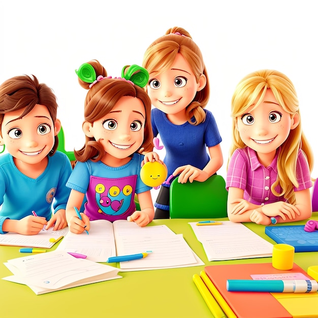 Группа улыбающихся студентов с различными канцелярскими принадлежностями, изучающих обратно в школу. Красочное изображение детей.