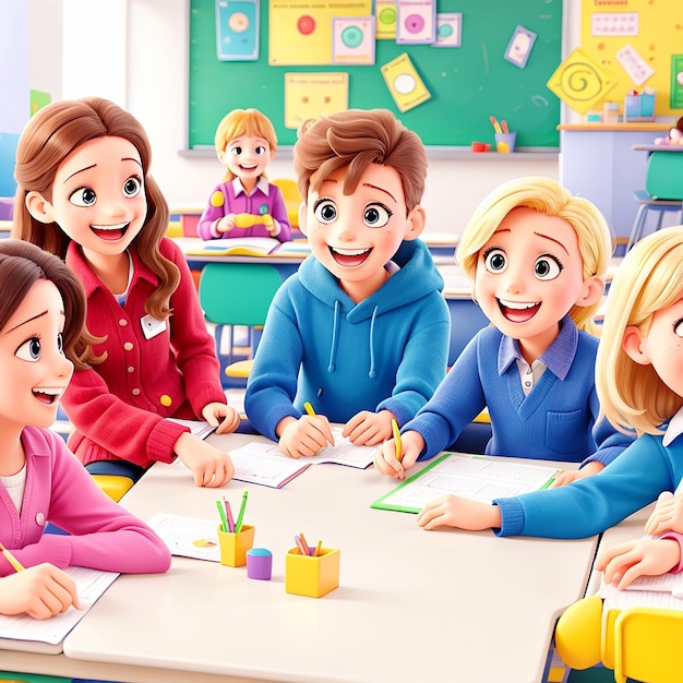 Group Of Smile Students Different Stationery Studying At Back To School Kids Colorful Image