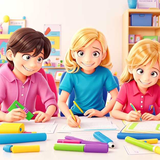 Group Of Smile Students Different Stationery Studying At Back To School Kids Colorful Image