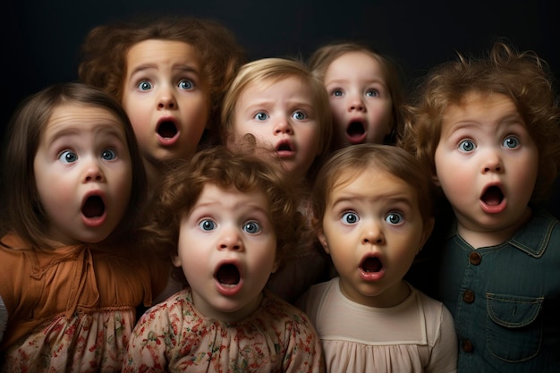 Foto un gruppo di bambini sorridenti e sbalorditi che ascoltano qualcosa