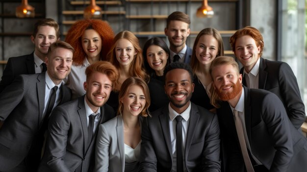 A group of smiling business professionals posing for a photo