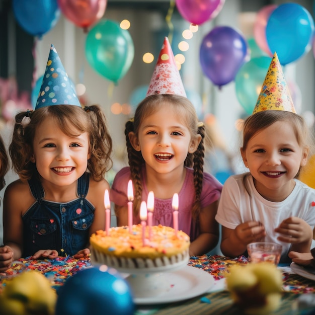 Группа улыбающихся детей в партийных шляпах с цветными шарами и тортом на день рождения