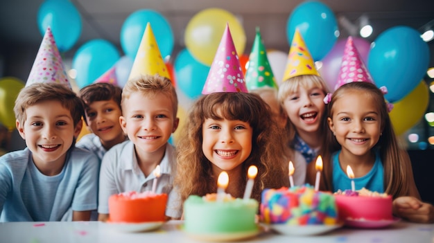 Группа улыбающихся детей в партийных шляпах с цветными шарами и тортом на день рождения