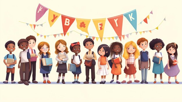 Photo group of smiling cute kids boys and girls standing together holding books isolated vector illustration multiethnic happy children reading