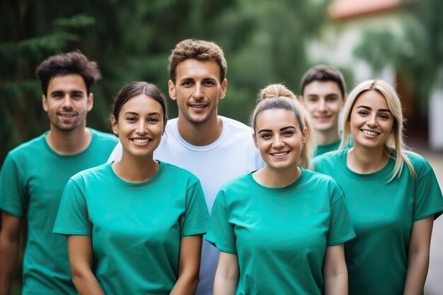 Photo group of smiling diverse female and male volunteers in matching tshirts looking at camera